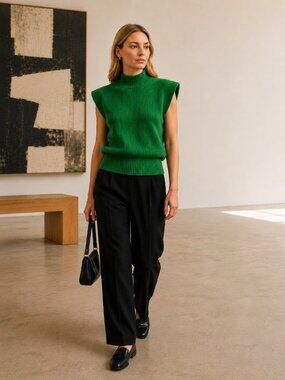 Babaton Hazlitt Gloss Green Merino Wool Mock Neck Sweater Vest XS Italy Knit Top